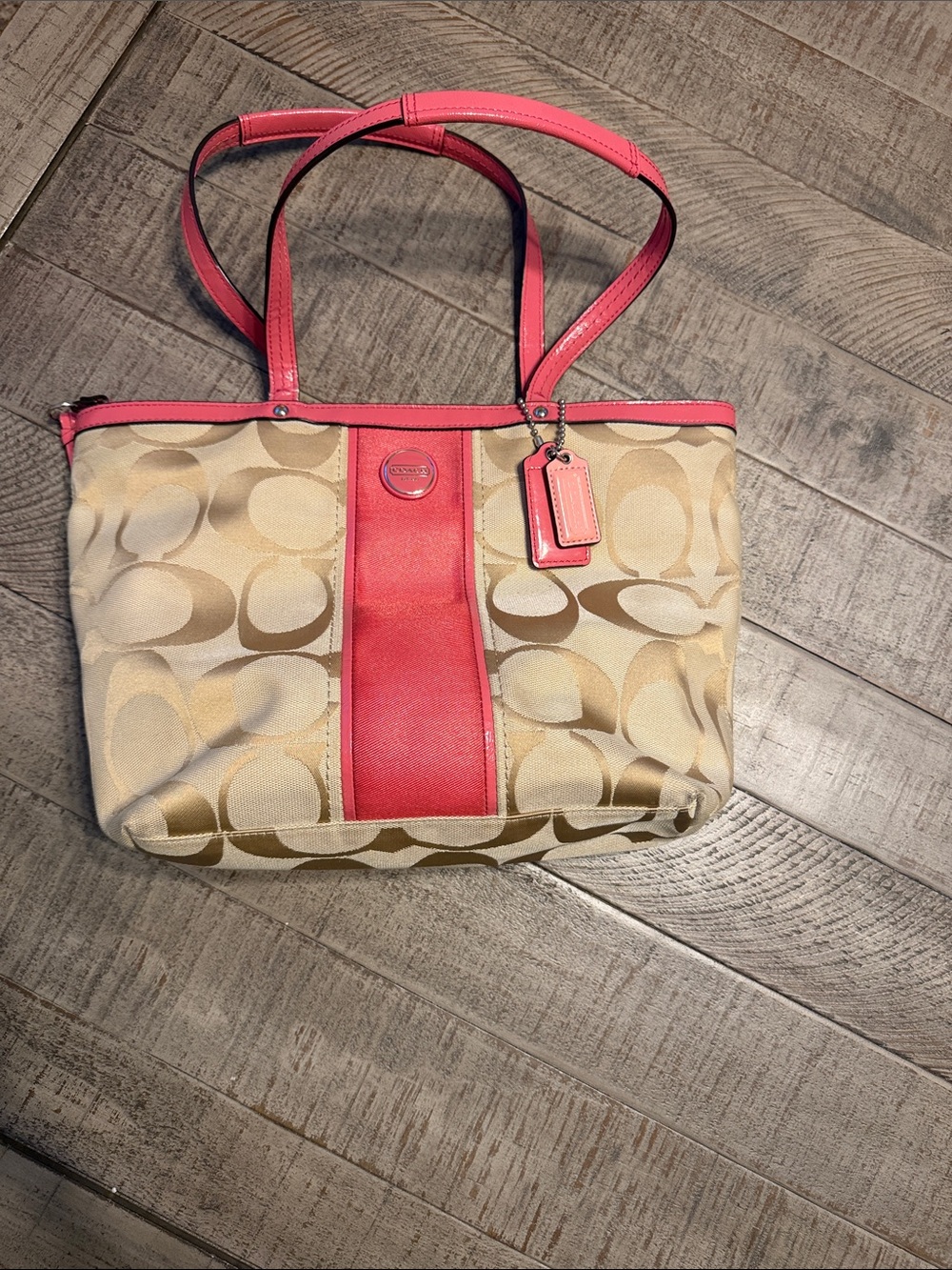 Coach Beige Signature Canvas Tote with Pink Trim